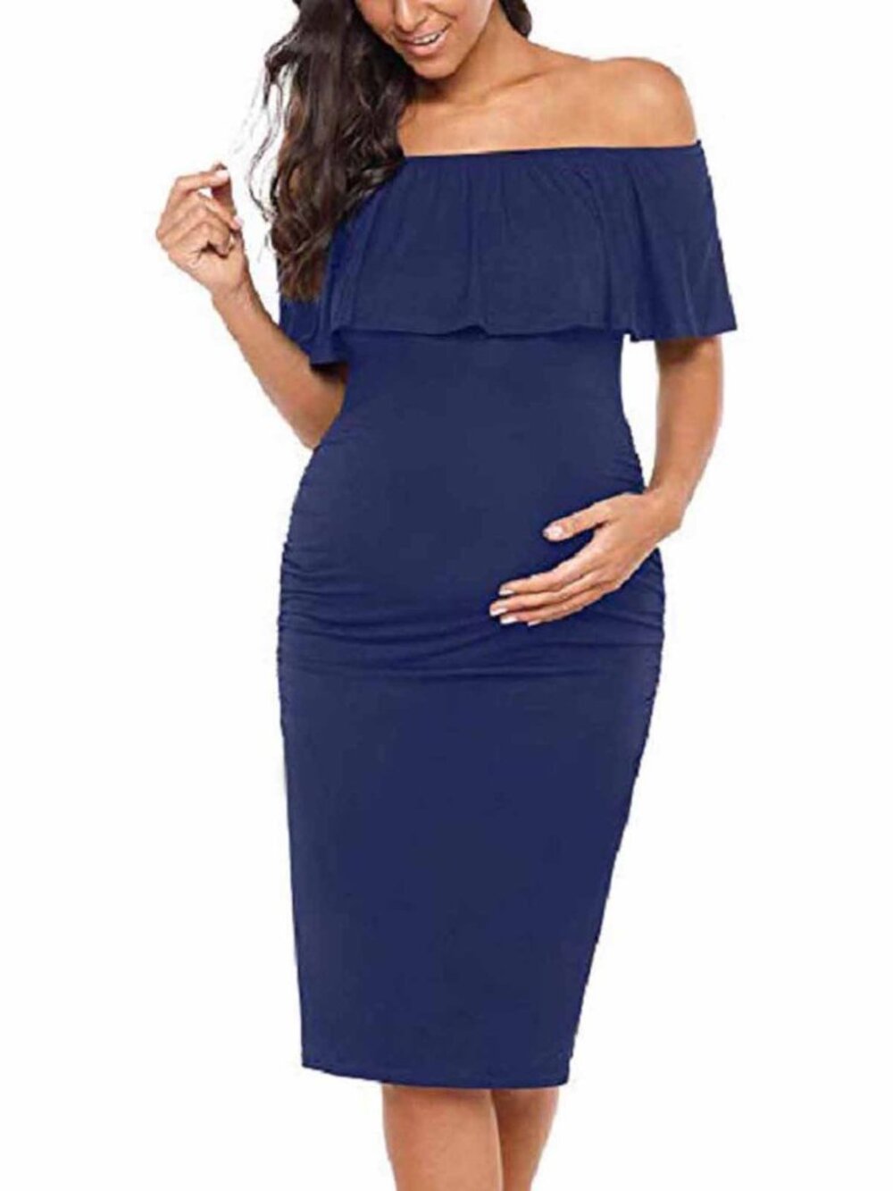 Off Shoulder Midi Dress Navy Blue Casual Summer Maternity Dress L, KIM S